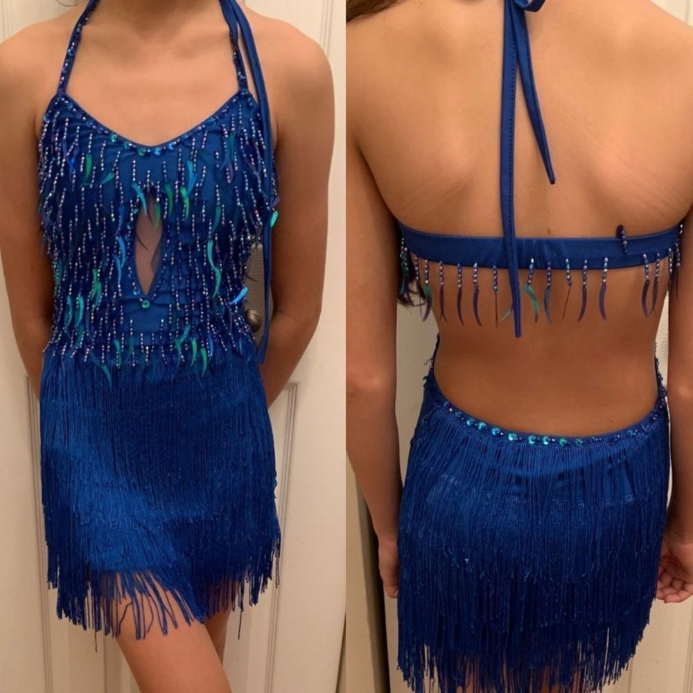 Rare Glamour competition solo dance costume blue fringe ballroom jazz XLA adult